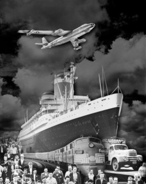 Illustration representing different modes of transport and people against cloudy sky Poster Print - Item # VARSAL255424572