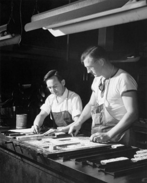 Two manual workers setting linotype in a newspaper composing room Poster Print - Item # VARSAL25539069