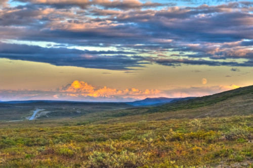 Moon Rising And Mount Drum At Sunset Along The Denali Highway, Southcentral Alaska, Autumn. Hdr PosterPrint - Item # VARDPI2167364