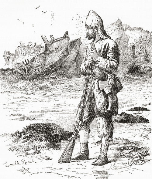 Robinson Crusoe on the desert island after being shipwrecked. From Adventures of Robinson Crusoe, published 1908. PosterPrint - Item # VARDPI2430692