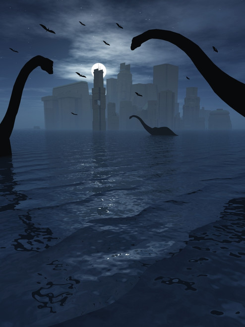 The famed lost city of Atlantis is seen illuminated by moonlight and co-existing with the dinosaurs. Giant Diplodocus dinosaurs feed near the cities shores while pterosaurs fly overhead. Poster Print - Item # VARPSTMAS100019P