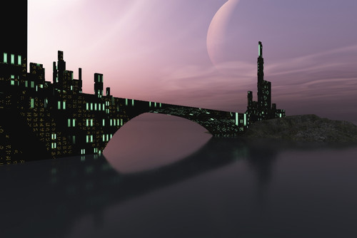 A beautiful city is reflected in calm waters on another world out in the galaxy Poster Print - Item # VARPSTCFR100052S