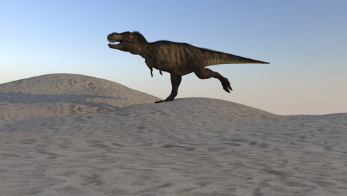Tyrannosaurus Rex running across a desert landscape Poster Print