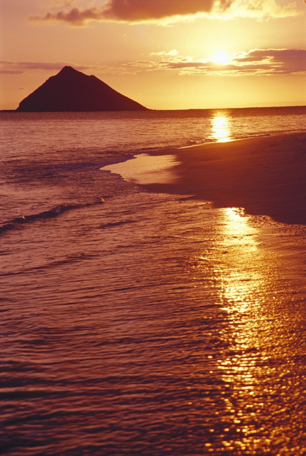 Hawaii, Oahu, Lanikai Beach, Golden Sunrise Sky And Reflections Shoreline Ocean Mokulua Island Background PosterPrint - Item # VARDPI2004144