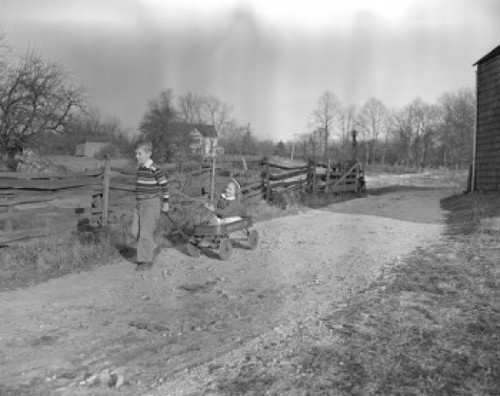 Vintage photograph of boy pulling gocart with girl on country road Poster Print - Item # VARSAL25516326