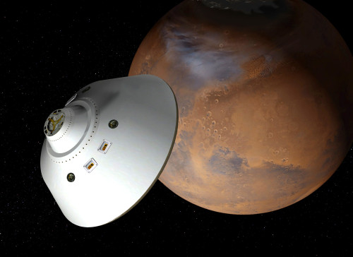 Artist's concept of an aeroshell-encased spacecraft approaching Mars Poster Print - Item # VARPSTSTK203811S