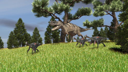 Ceratosaurus chasing a group of Gigantoraptors Poster Print - Item # VARPSTKVA600471P
