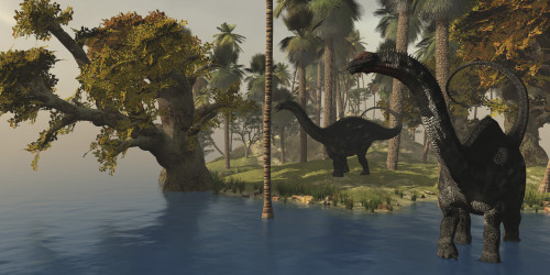 Two Apatosaurus dinosaurs visit an island in prehistoric times Poster Print - Item # VARPSTCFR200050P