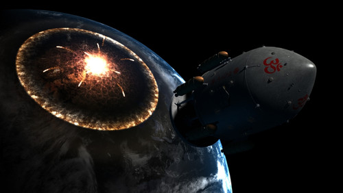Orion-drive spacecraft leaving Earth impacted by a comet Poster Print - Item # VARPSTRTA200040S