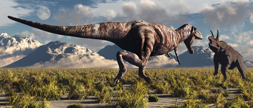 Tyrannosaurus Rex and Triceratops involved in a battle to the death during Earth's Cretaceous Period of time Poster Print - Item # VARPSTMAS100797P