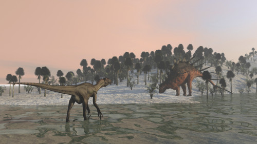 Utahraptor hunting a Kentrosaurus on the shores of a prehistoric environment Poster Print - Item # VARPSTKVA600142P