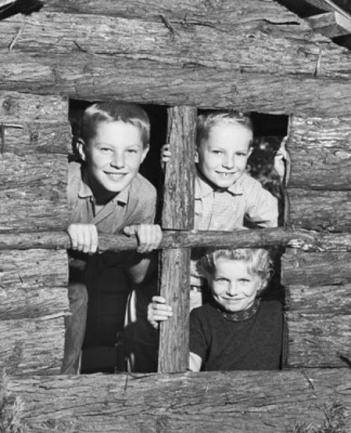 Close-up of three children looking through the window of a playhouse Poster Print - Item # VARSAL25516246
