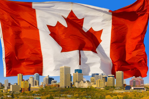 Canadian Flag Behind Edmonton PosterPrint - Item # VARDPI1779176