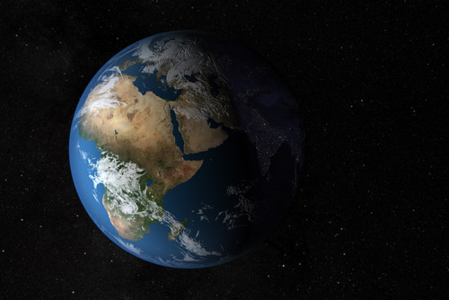 Full Earth showing simulated clouds over Africa. The lighting of this scene is completely artistic and not scientifically accurate. Poster Print