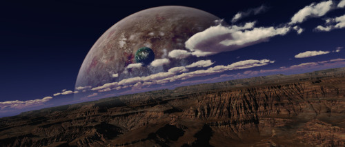 Artist's concept of a canyon on an extraterrestrial world with planets rising in the background Poster Print - Item # VARPSTFHV100039S