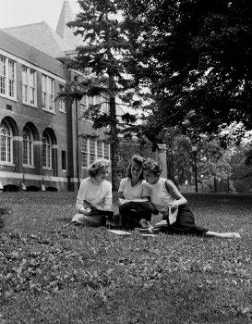 Three student girls sitting on lawn and learning Poster Print - Item # VARSAL255419325
