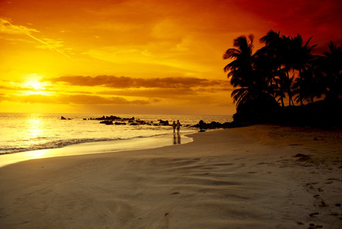Hawaii, Maui, Makena Beach, Couple Walk Along Beach At Sunset, Above PosterPrint - Item # VARDPI1998642