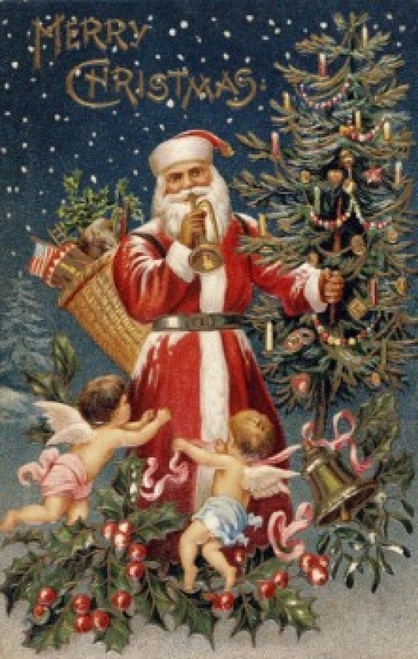 Merry Christmas: Santa with Cherubs & Trumpet  Nostalgia Cards Poster Print - Item # VARSAL9801211