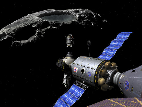 A Manned Maneuvering Vehicle piloted by a single astronaut undocks from the main vessel and prepares to descend to the surface of a small asteroid Poster Print - Item # VARPSTWMY100236S