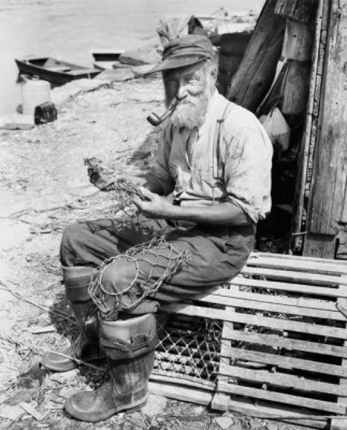 Portrait of a fisherman sitting on a lobster trap and holding a fishing net Poster Print - Item # VARSAL25537950