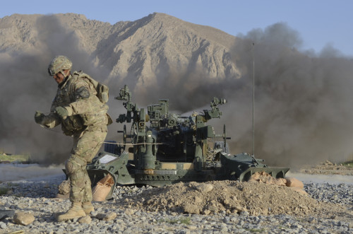 August 21, 2012 - U.S. Army soldier fires an M777 howitzer at Forward Operating Base Al Masaak, Zabul province, Afghanistan Poster Print - Item # VARPSTSTK106324M