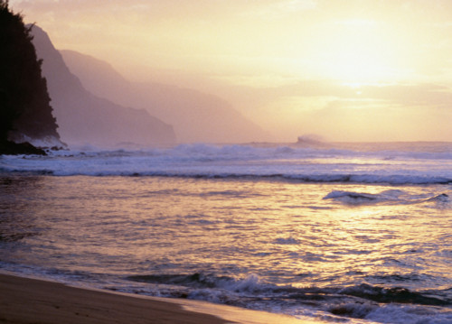 Hawaii, Kauai, Na Pali Coast, Beach At Sunset, Cliffs In Background. PosterPrint - Item # VARDPI1995351