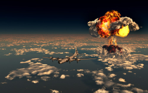The Enola Gay B-29 Superfortress flying away from the giant mushroom cloud created by the explosion of the atomic bomb dropped over the Japanese city of Hiroshima during World War II Poster Print - Item # VARPSTMAS100778M