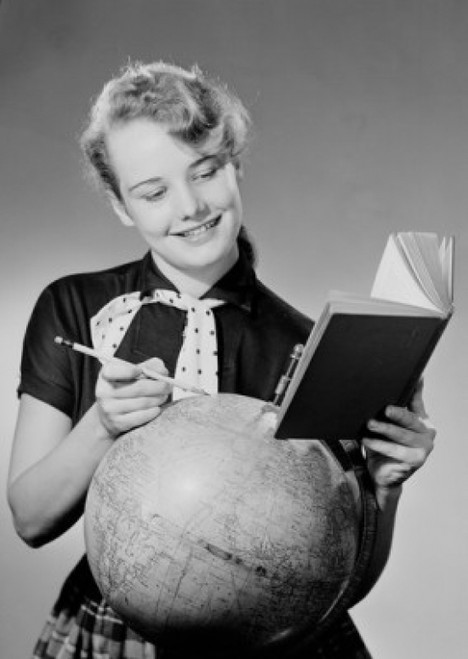 Girl reading book and globe Poster Print - Item # VARSAL255419017