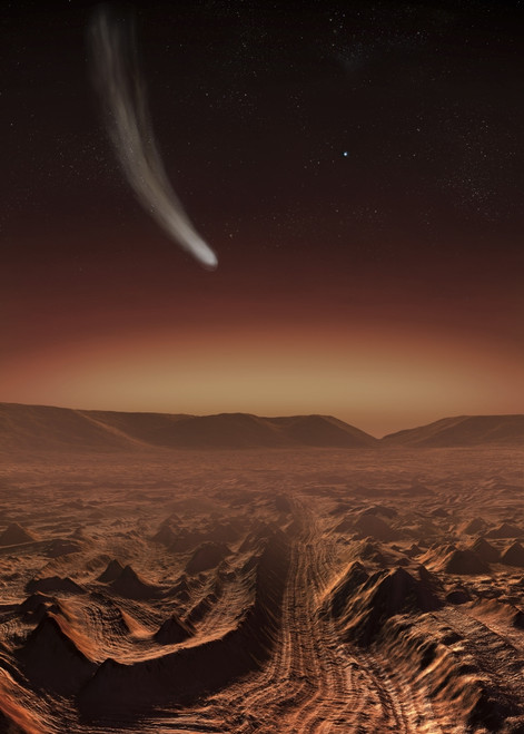 A comet lights up the Martian predawn over the twisted landscape of Candor Chasma. The distant mountains are several kilometres high. The planet Earth shines as a bright blue star in the sky Poster Print - Item # VARPSTSHB100014S