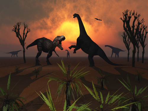 At the dawn of a new day, T. Rex confronts a group of Camarasaurus dinosaurs as its next meal. Poster Print - Item # VARPSTMAS100078P