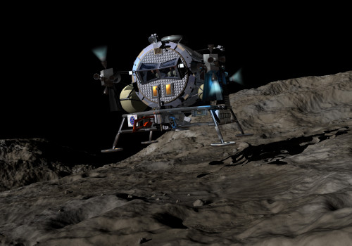 A manned Asteroid Lander just moments before settling to the surface of an asteroid. The surface gravity is so low that the lander easily maneuvers by using just the reaction control thrusters. Poster Print - Item # VARPSTWMY100242S