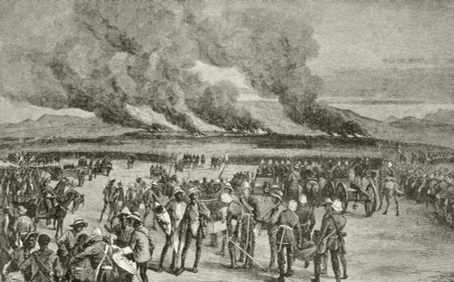 The Burning Of The Zulu Royal Kraal At Ulundi After The Battle Of Ulundi, Kwa-Zulu-Natal Province, South Africa. From Afrika, Dets Opdagelse, Erobring Og Kolonisation, Published In Copenhagen, 1901. PosterPrint - Item # VARDPI1872911