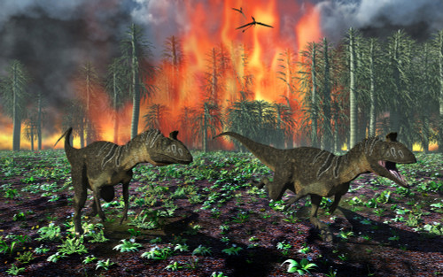 Cryolophosaurus dinosaurs fleeing from a deadly forest fire Poster Print - Item # VARPSTMAS100800P