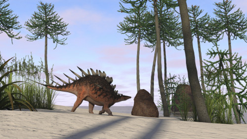 Kentrosaurus walking across a prehistoric landscape Poster Print - Item # VARPSTKVA600341P