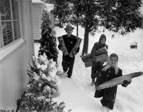 Children with father carrying wood logs in winter Poster Print - Item # VARSAL255424665