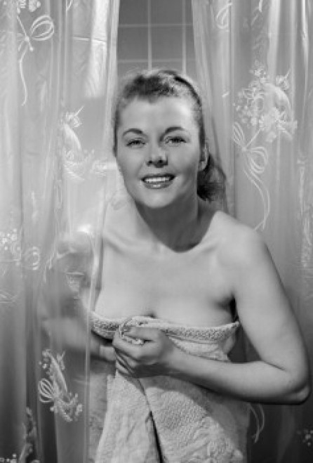 Portrait of young woman in shower  wrapped in towel Poster Print - Item # VARSAL255416920