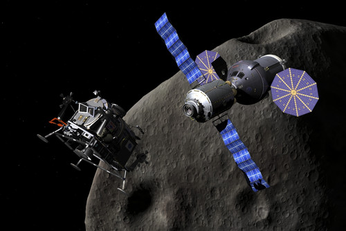 A manned Asteroid Lander departs from a combination Deep Space Vehicle and Extended Stay Module as a first step toward exploring the large asteroid below Poster Print - Item # VARPSTWMY100324S