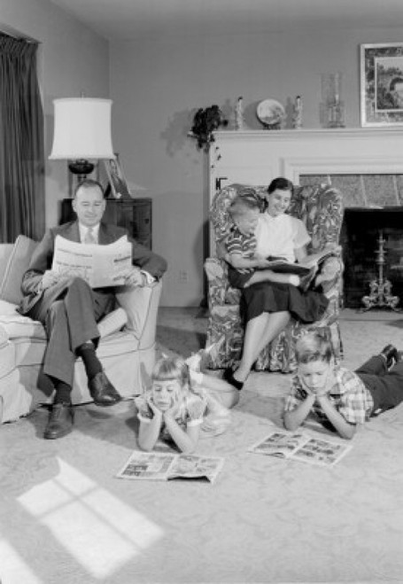 Father  mother and three children reading in living room Poster Print - Item # VARSAL255419163