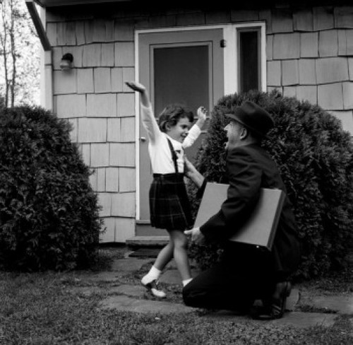 Father greeting daughter in backyard Poster Print - Item # VARSAL255416942 Father greeting daughter in backyard Poster Print - Item # VARSAL255416942