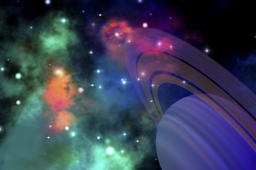Colorful nebula near a ringed planet Poster Print - Item # VARPSTCFR100070S
