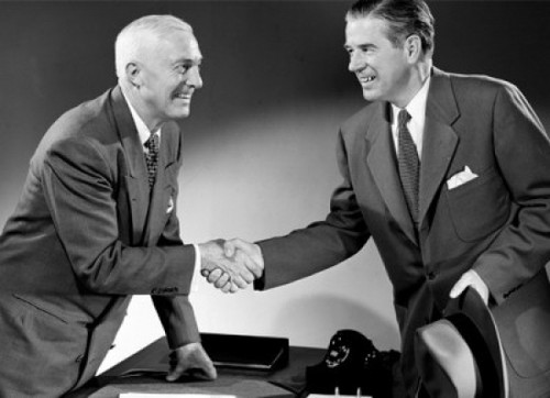 Two business men shaking hands in office Poster Print - Item # VARSAL255418725B