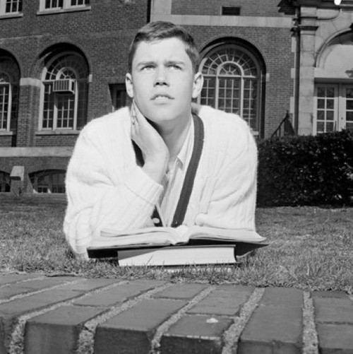 Male student lying on grass outside university Poster Print - Item # VARSAL255418379