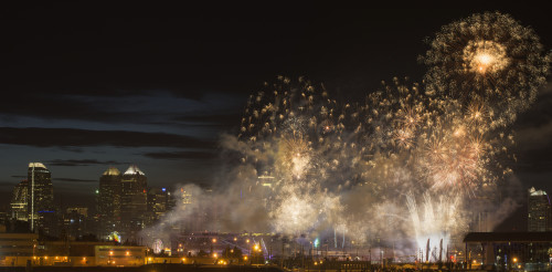 Fireworks in front of modern city skyline; Calgary, Alberta, Canada PosterPrint - Item # VARDPI12252455