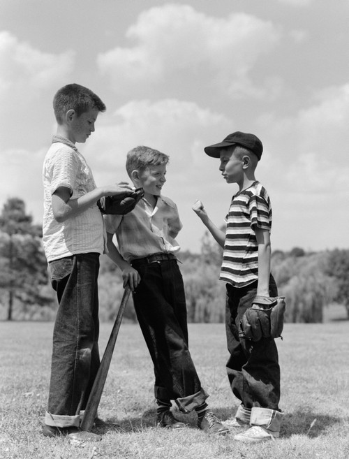 1950s-10 Neighborhood Boys Playing Sand Lot Baseball Most Wear