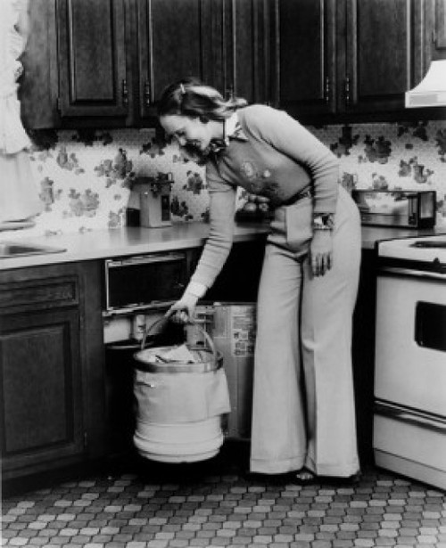 Young woman standing in the kitchen holding a garbage bin Poster Print - Item # VARSAL25541964