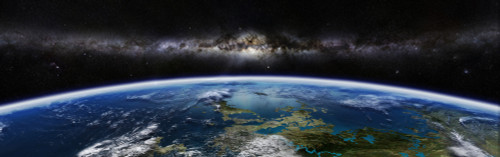 Artist's concept of an extraterrestrial planet with a galaxy on the horizon Poster Print - Item # VARPSTFHV100005S
