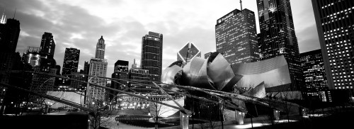 Low angle view of buildings lit up at night, Millennium Park, Chicago, Illinois, USA Poster Print - Item # VARPPI171606