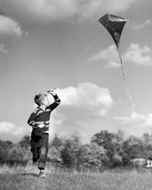 Boy flying a kite in a field Poster Print