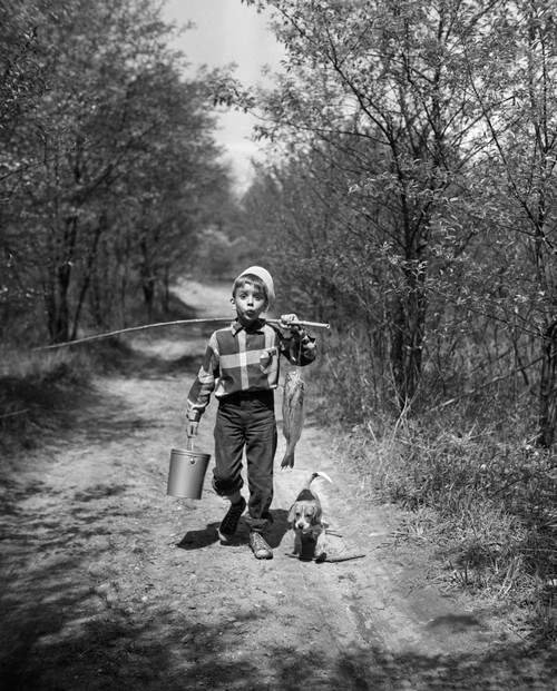 1950s Boy With Beagle Puppy Walking Down Country Road Whistling Carrying Fishing Pole Pail And Fish Print By Vintage - Item # PPI176448LARGE