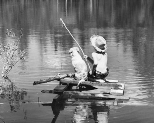 Boy and dog fishing in lake Poster Print - Item # VARSAL255422774